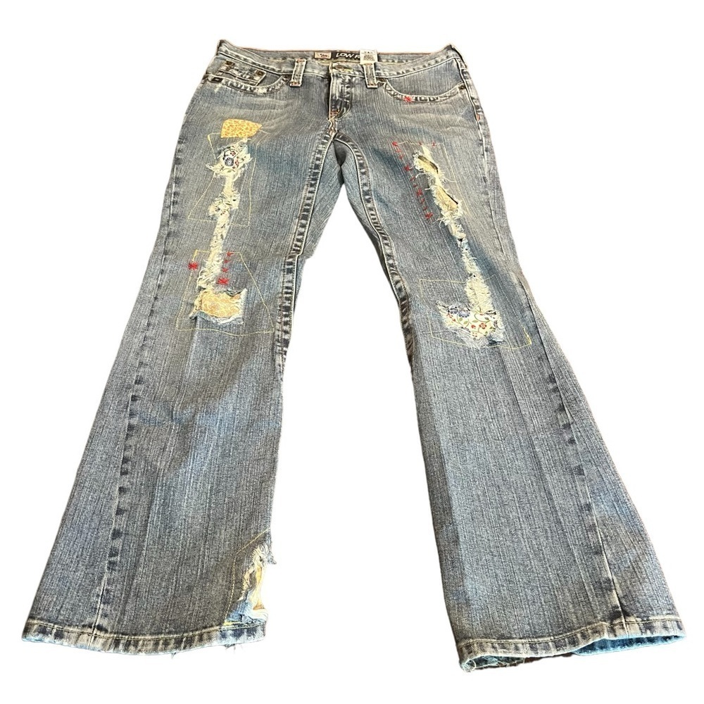 Cruel Girl Low Rise Slim Distressed Jeans Patches Contrast Stitching Size 11R